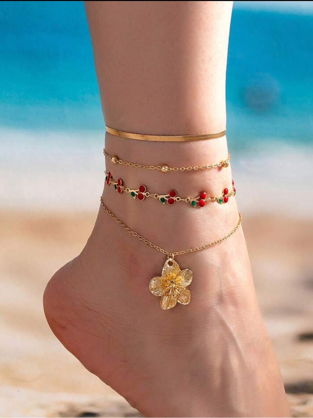 Gold Layered Anklet Set with cherry R635